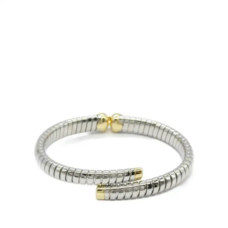 Bvlgari Stainless Steel and 18K Yellow Gold Tubogas Hearts Open Flex Bangle