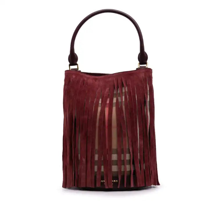 Burberry House Check Canvas and Suede Fringe Bucket Bag