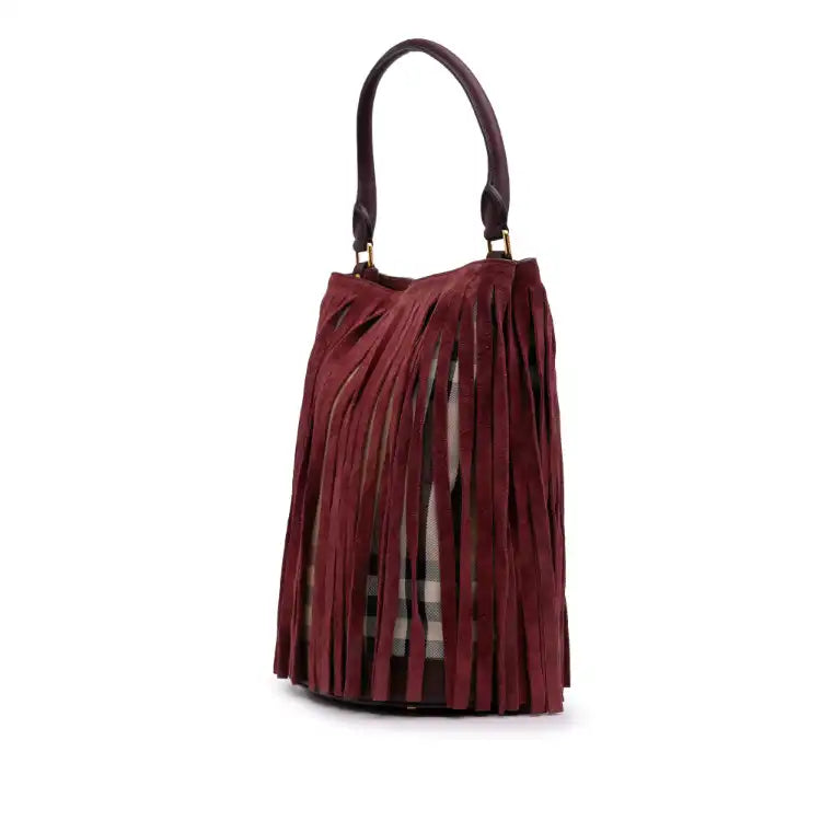 Burberry House Check Canvas and Suede Fringe Bucket Bag