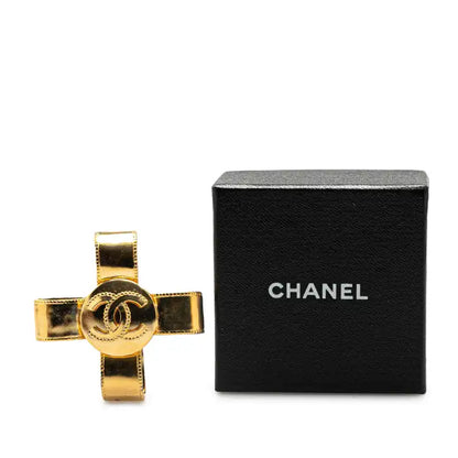 Chanel Gold Plated CC Ribbon Cross Brooch