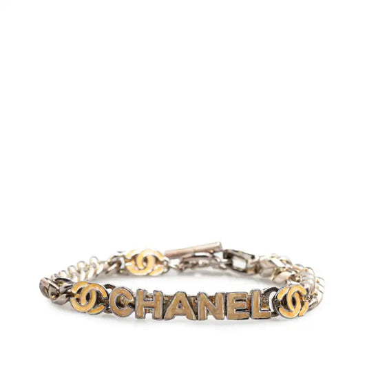 Chanel Silver Plated Enamel Logo Bracelet