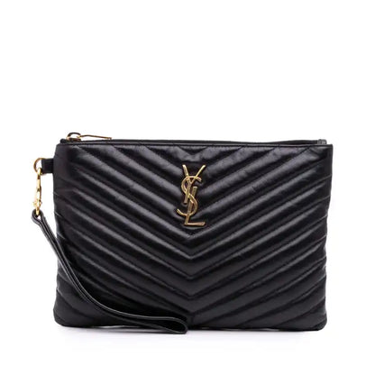 Saint Laurent Chevron Leather Monogram Zip A5 Wristlet Pouch