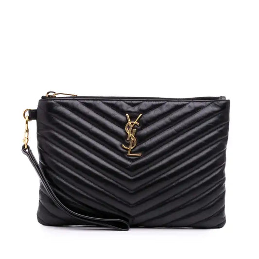 Saint Laurent Chevron Leather Monogram Zip A5 Wristlet Pouch