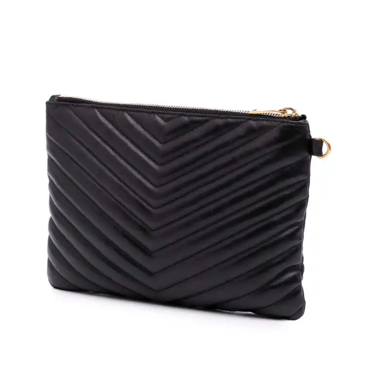 Saint Laurent Chevron Leather Monogram Zip A5 Wristlet Pouch