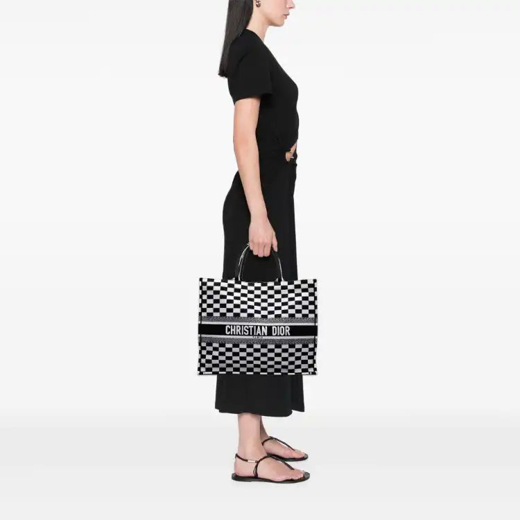 Dior Large Embroidered Canvas Checkered Book Tote