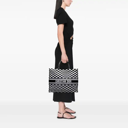 Dior Large Embroidered Canvas Checkered Book Tote