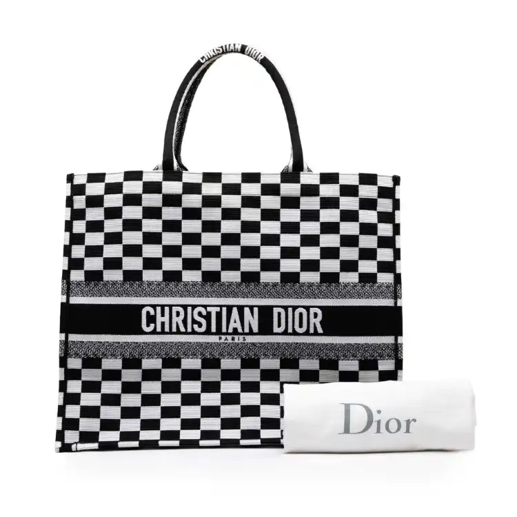 Dior Large Embroidered Canvas Checkered Book Tote