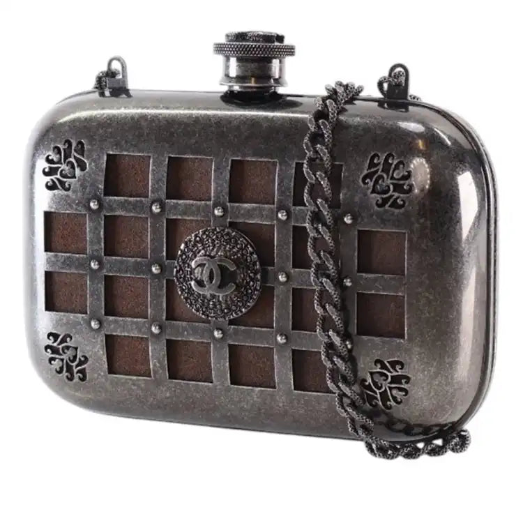 Chanel Paris Edinburgh Mini Gunmetal Grid Cage Clutch on Chain