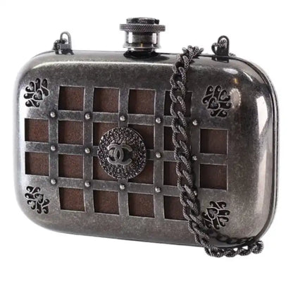 Chanel Paris Edinburgh Mini Gunmetal Grid Cage Clutch on Chain