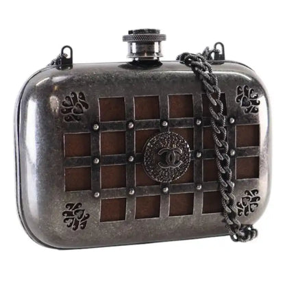Chanel Paris Edinburgh Mini Gunmetal Grid Cage Clutch on Chain