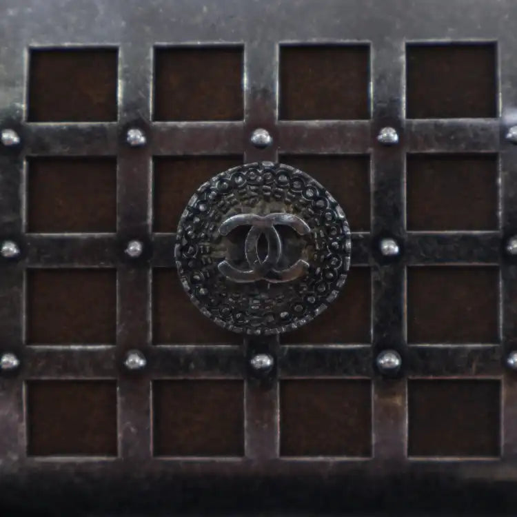 Chanel Paris Edinburgh Mini Gunmetal Grid Cage Clutch on Chain