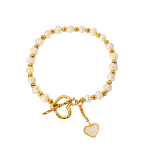 18K Gold Pearl Heart OT Buckle Bracelet