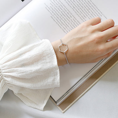 Simple Hollow Geometric Shape Solid 925 Sterling Silver Adjustable Bracelet