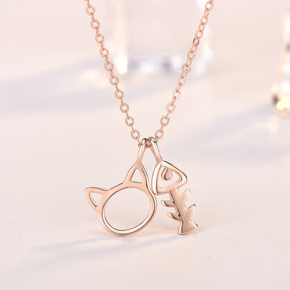 Cute Cat Head Fish Bone 925 Sterling Silver Necklace