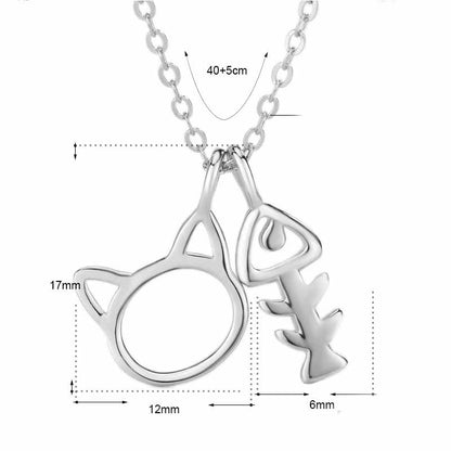 Cute Cat Head Fish Bone 925 Sterling Silver Necklace