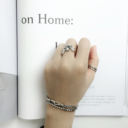 Vintage Black CZ Cross Flower 925 Sterling Silver Adjustable Ring