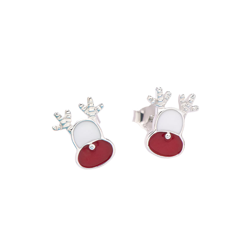 Cute CZ Enamel Christmas Elk Hat Fawn 925 Sterling Silver Studs Earrings