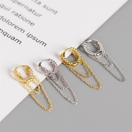 Party Circle Chain Tassels 925 Sterling Silver Leverback Earrings