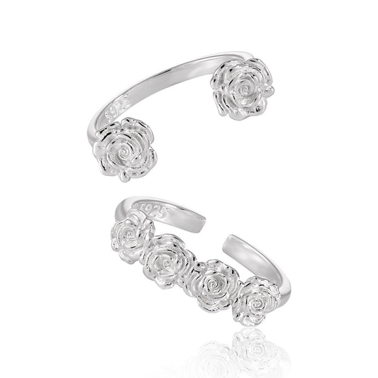 Women Beautiful Rose Flowers 925 Sterling Silver Adjustable Ring