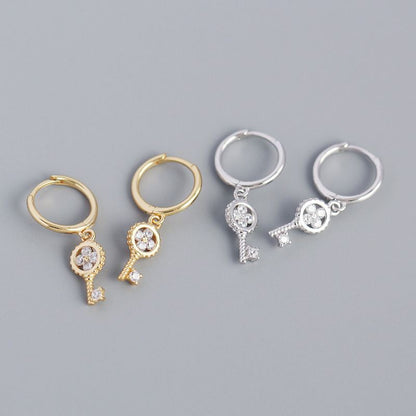 New Four Leaf Clover Key 925 Sterling Silver Hoop Earrings