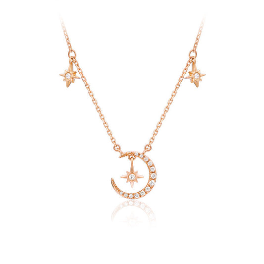 Modern CZ Crescent Moon Stars Sun 925 Sterling Silver Necklace
