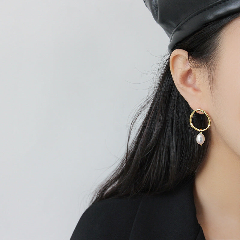 Elegant Irregular Natural Pearl Ring 925 Sterling Silver Dangling Earrings