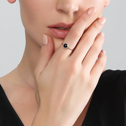 Round Black Agate CZ 925 Sterling Silver Open Size Ring Women