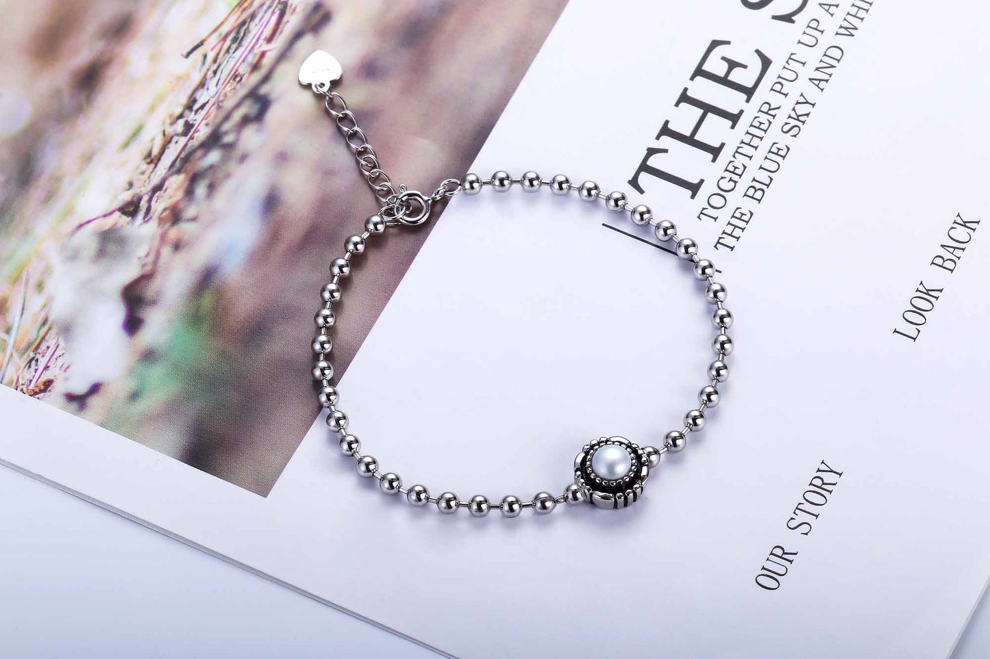 Holiday Round Shell Pearl/Black Agate 925 Sterling Silver Beads Bracelet