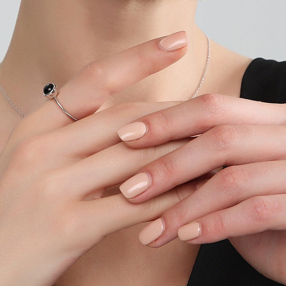 Round Black Agate CZ 925 Sterling Silver Open Size Ring Women