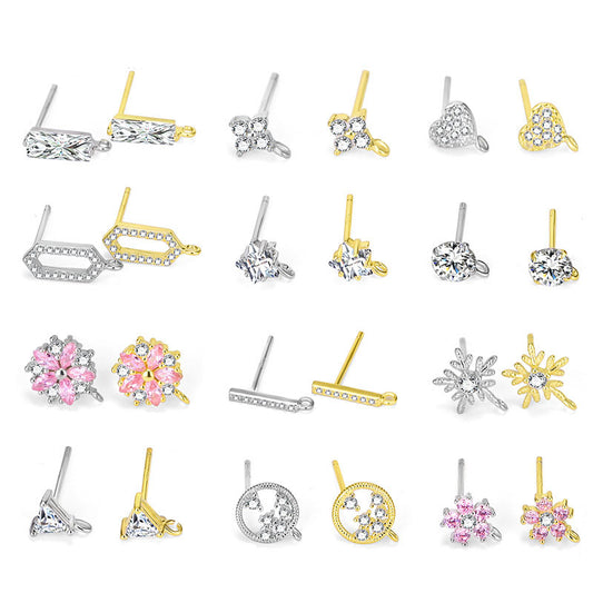 Sweet CZ Flower Heart Snowflake Geometry 925 Sterling Silver DIY Stud Earring  Bail