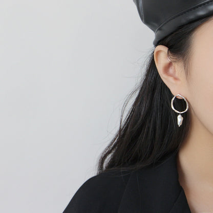 Elegant Irregular Natural Pearl Ring 925 Sterling Silver Dangling Earrings