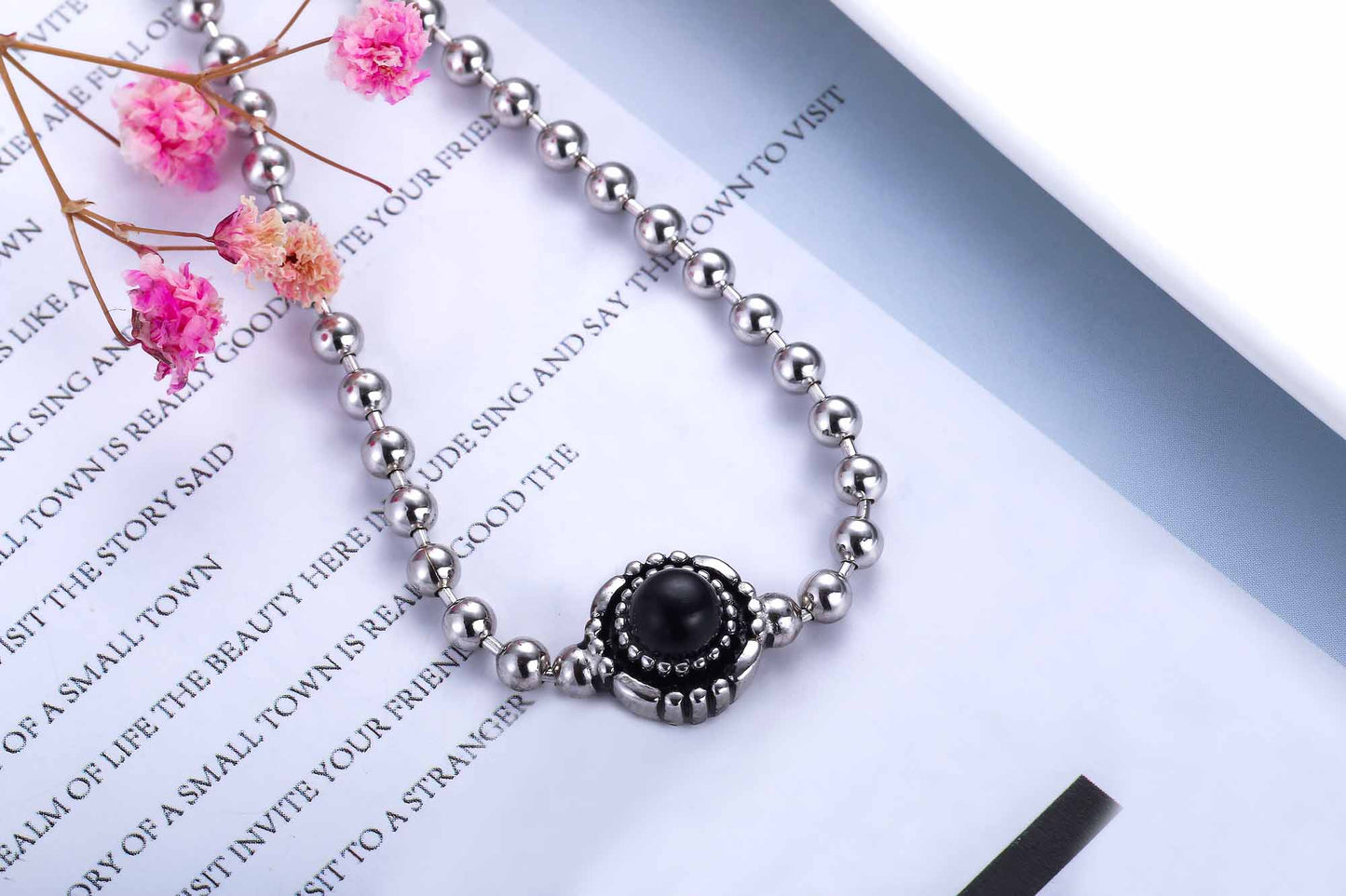 Holiday Round Shell Pearl/Black Agate 925 Sterling Silver Beads Bracelet
