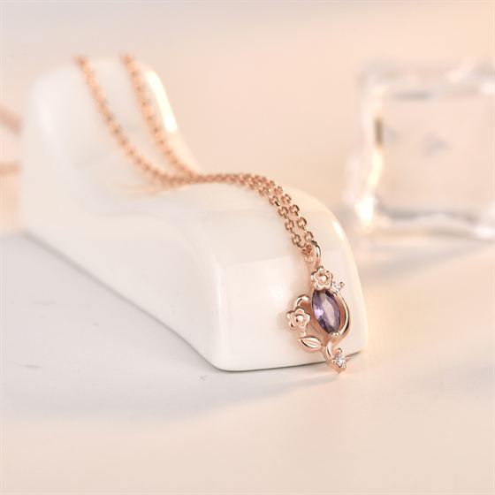 Beautiful Oval Purple CZ Flower 925 Sterling Silver Necklace