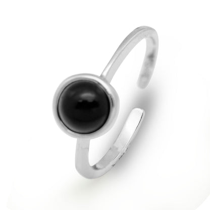 Round Black Agate CZ 925 Sterling Silver Open Size Ring Women