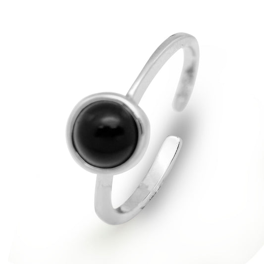 Round Black Agate CZ 925 Sterling Silver Open Size Ring Women