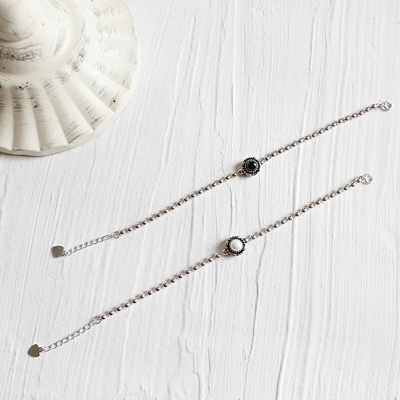 Holiday Round Shell Pearl/Black Agate 925 Sterling Silver Beads Bracelet