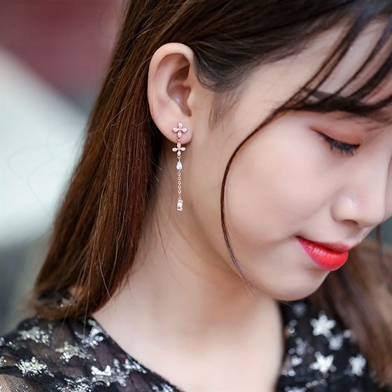 Asymmetry CZ Flowers 925 Sterling Silver Dangling Earrings