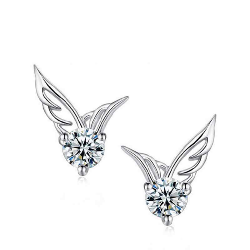Gift Angel's Wing Round CZ 925 Sterling Silver Stud Earrings