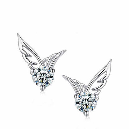 Gift Angel's Wing Round CZ 925 Sterling Silver Stud Earrings