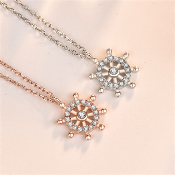 Elegant CZ Rudder Compass 925 Sterling Silver Necklace