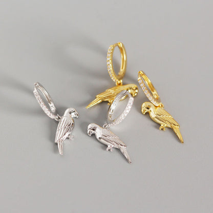 CZ Animal Parrot Bird 925 Sterling Silver Hoop Earrings