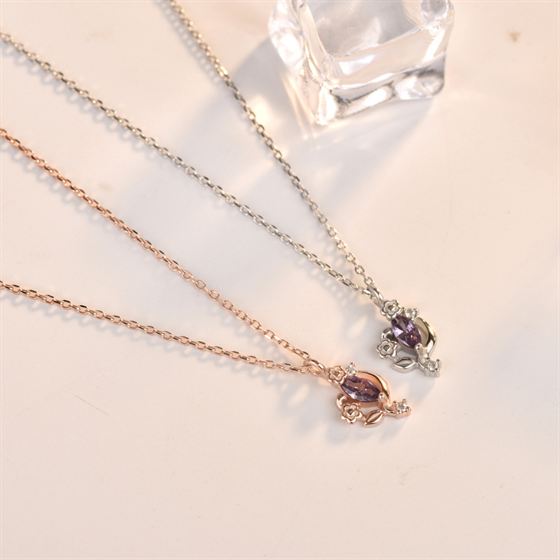 Beautiful Oval Purple CZ Flower 925 Sterling Silver Necklace