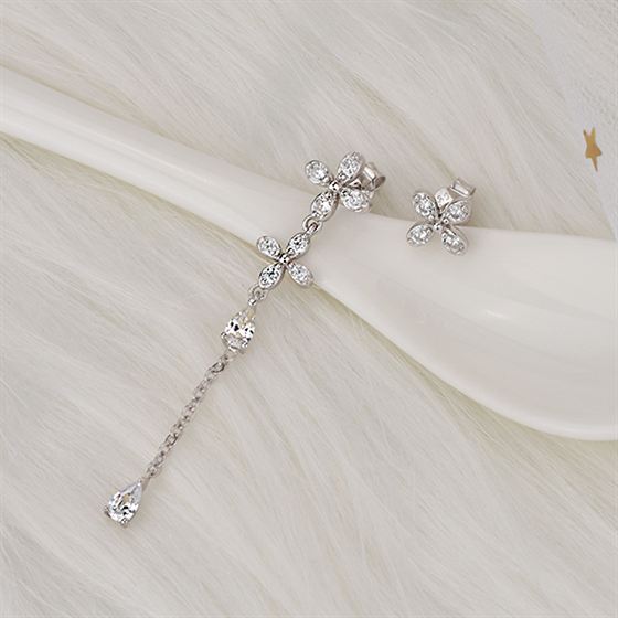 Asymmetry CZ Flowers 925 Sterling Silver Dangling Earrings