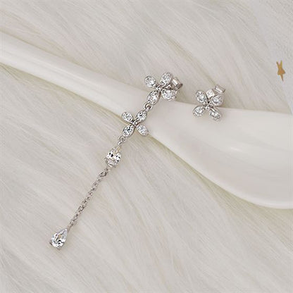Asymmetry CZ Flowers 925 Sterling Silver Dangling Earrings