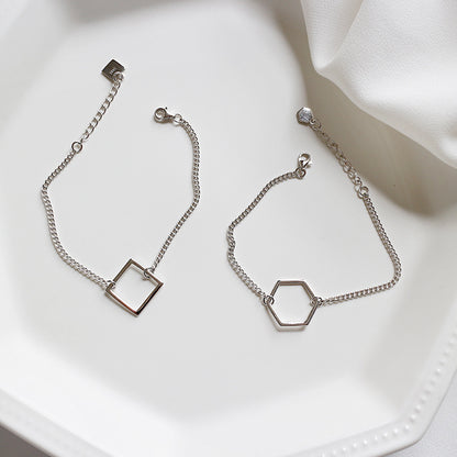 Simple Hollow Geometric Shape Solid 925 Sterling Silver Adjustable Bracelet