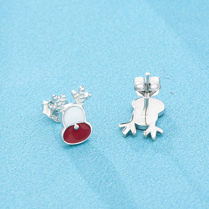Cute CZ Enamel Christmas Elk Hat Fawn 925 Sterling Silver Studs Earrings