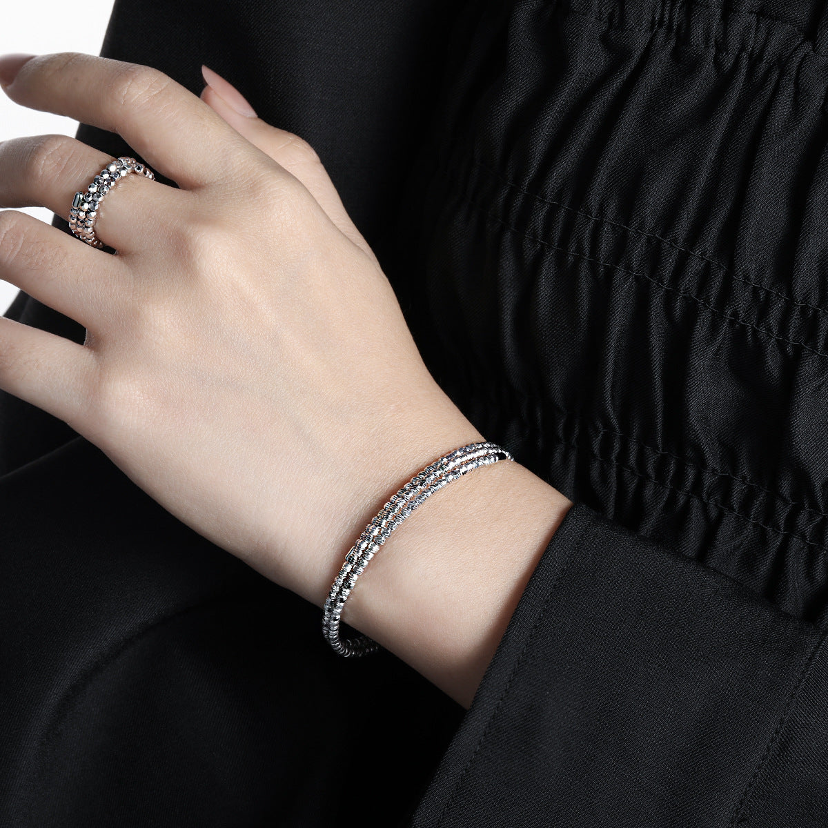 Fashion Irregular Geometry Women Carved 925 Sterling Silver Open Bangle