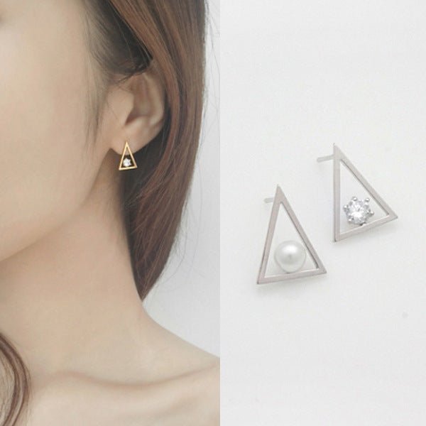 Triangle White CZ Natural Pearl 925 Sterling Silver Studs Asymmetry Earrings