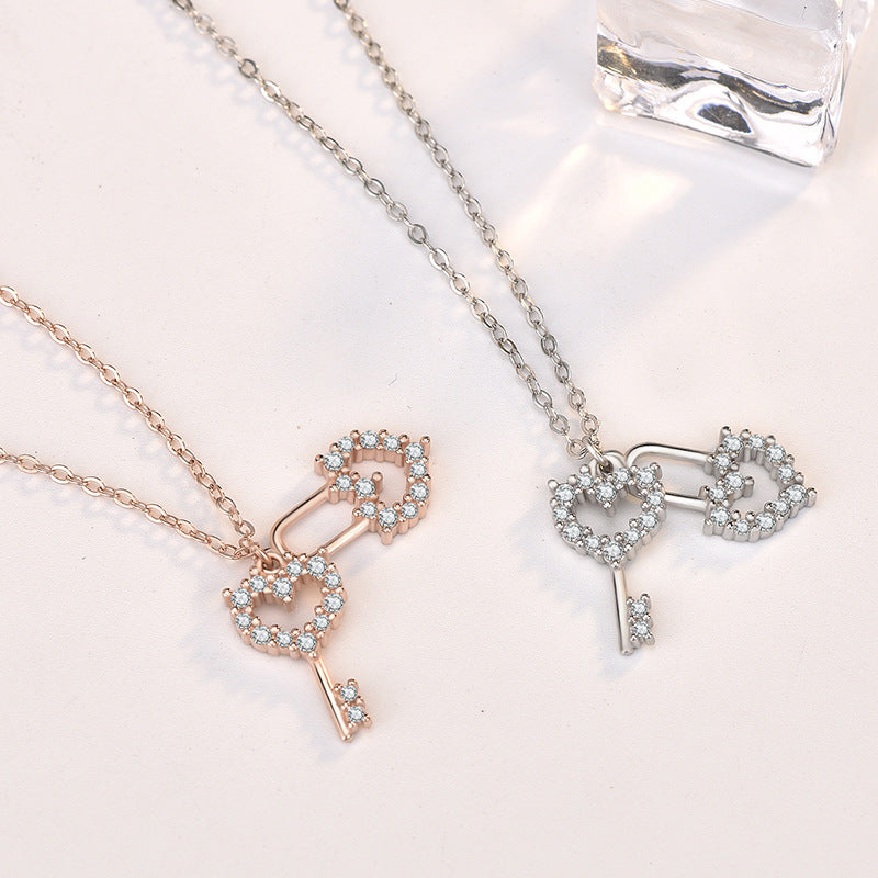Honey Moon Hollow CZ Heart Key Lock 925 Sterling Silver Necklace