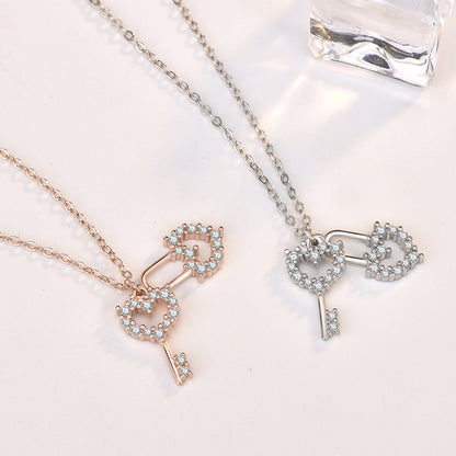 Honey Moon Hollow CZ Heart Key Lock 925 Sterling Silver Necklace